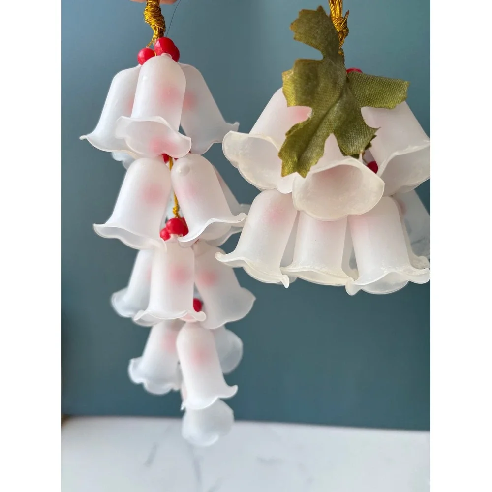 Vintage Glass Frosted Lily of the Valley Bell Flower Clusters Red Berry 2pc